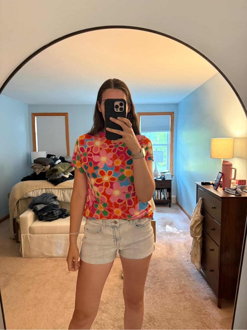 Amazon Floral Dot Mesh Short Sleeve Tee - Pink Multi